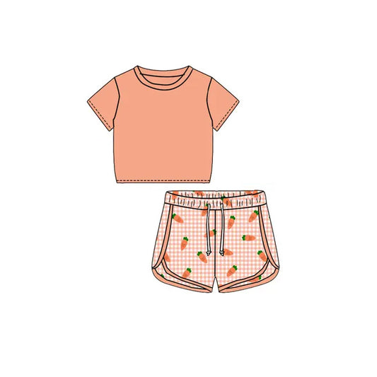 presale GSSO1655 Solid Light Orange Short Sleeve Carrot Plaid Shorts Set 2024 11.22