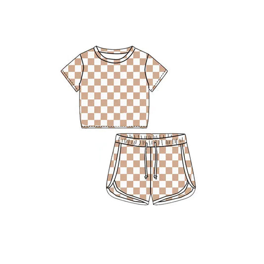 presale GSSO1657 Brown plaid short-sleeved shorts suit  2024 11.22