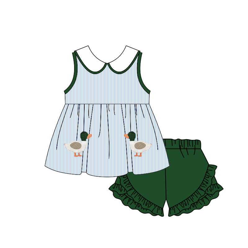 GSSO1658  Duck Blue Stripe Sleeveless Green Shorts Set