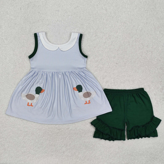 GSSO1658 Duck Blue Stripe Sleeveless Green Shorts Set
