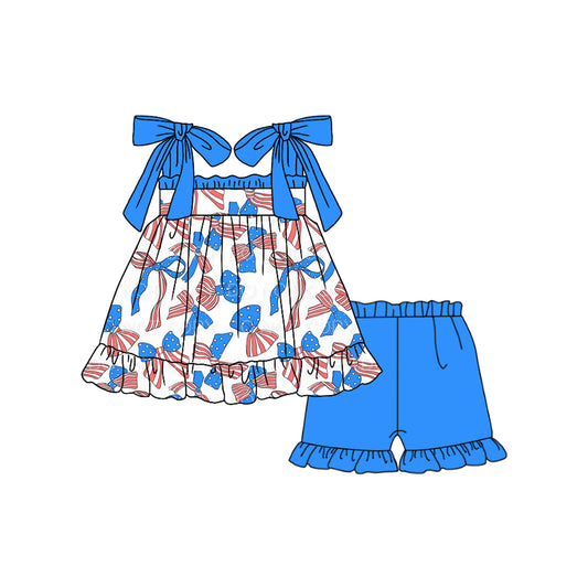 presale GSSO1662  National Day Bow Pattern Blue Lace White Suspender Shorts Set 2024 11.22