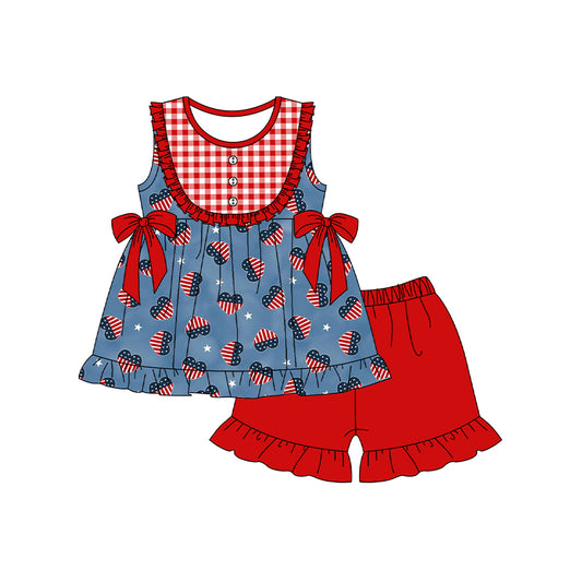 presale GSSO1664 National Day Star Stripe Love Heart Red Lace Bowknot Plaid Sleeveless Shorts Set  2024 11.22