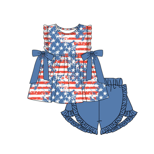 presale GSSO1665 National Day Star Stripe Blue Bow Sleeveless Shorts Set  2024 11.22
