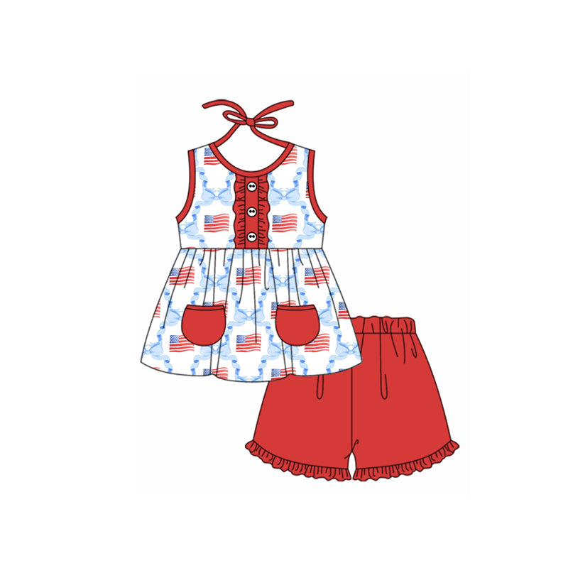presale GSSO1666 National Day flag blue bow pattern red pocket lace sleeveless shorts set  2024 11.22