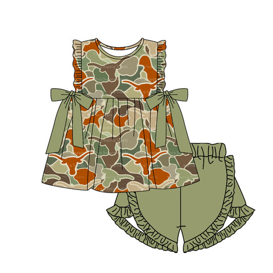 presale GSSO1677 Alpine Bull Head Camouflage Green Bowknot Sleeveless Shorts Set  2024 11.28