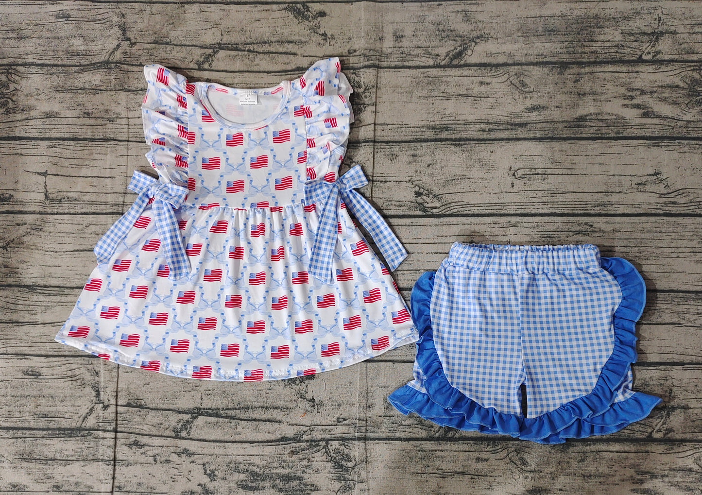 GSSO1684 National Day Flag Blue Plaid Bow Pattern Sleeveless Shorts Set D 3.17