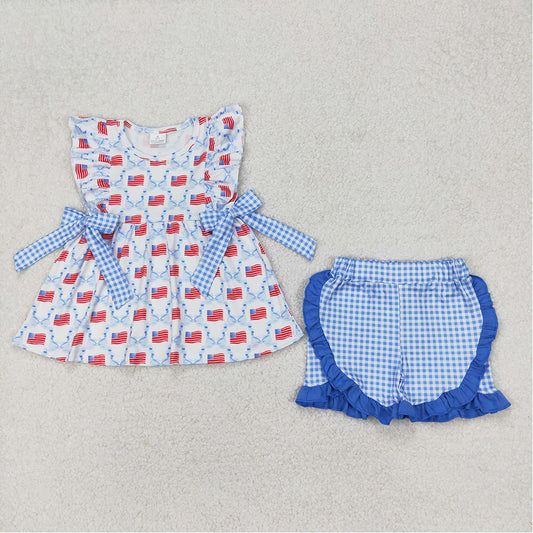 GSSO1684 National Day Flag Blue Plaid Bow Pattern Sleeveless Shorts Set D 3.17