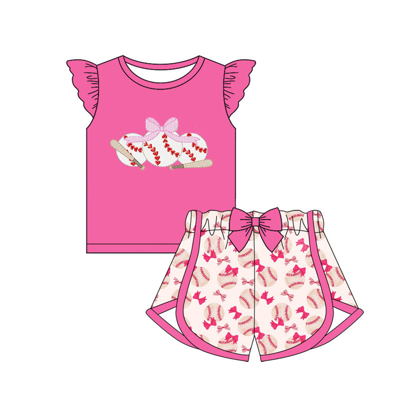 GSSO1685  Bowknot Baseball Rose Red Flying Sleeve Shorts Set  D 4.10