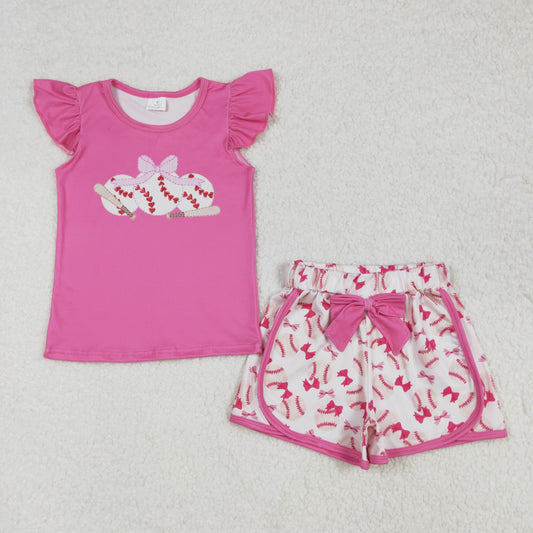 GSSO1685  Bowknot Baseball Rose Red Flying Sleeve Shorts Set  D 4.10