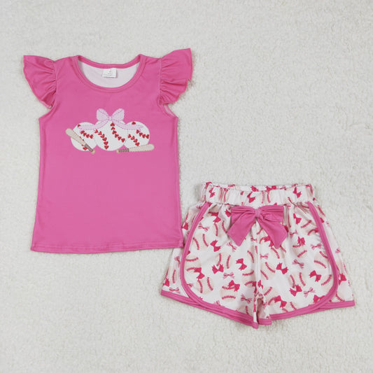 GSSO1685  Bowknot Baseball Rose Red Flying Sleeve Shorts Set  D 4.10