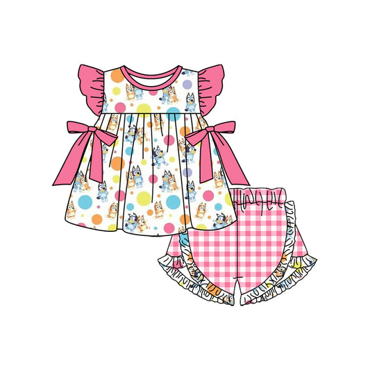 presale GSSO1687 Colorful Polka Dot Pink Bow Flying Sleeve Plaid Shorts Set 2024 11.29