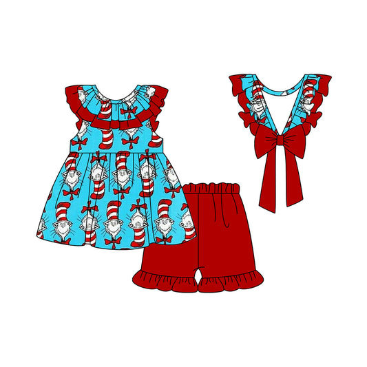 presale GSSO1691 Red lace bow blue sleeveless shorts suit 2024 11.29