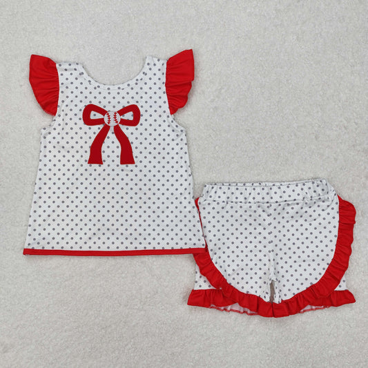 GSSO1698 Baseball Red Bow Dot White Fly Sleeve Shorts Set
