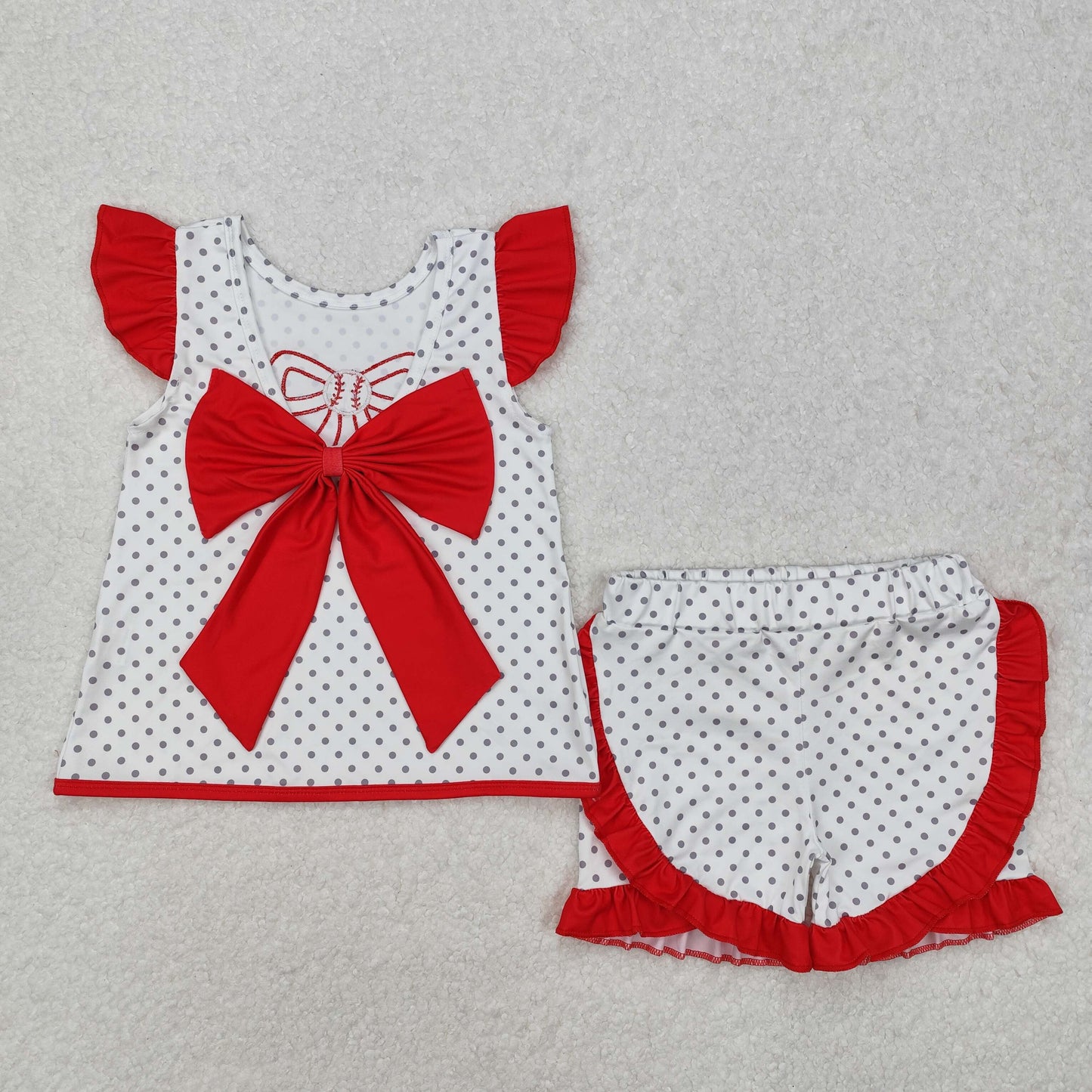 GSSO1698  Baseball Red Bow Dot White Fly Sleeve Shorts Set