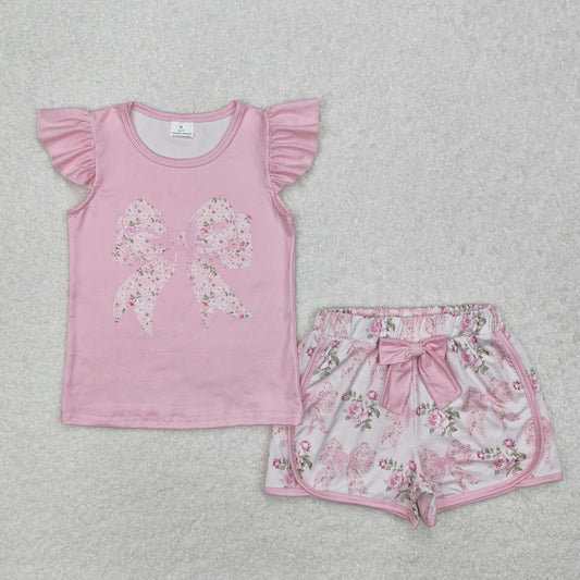 GSSO1702 Floral Flower Leaf Bow Pink Fly Sleeve Shorts Set