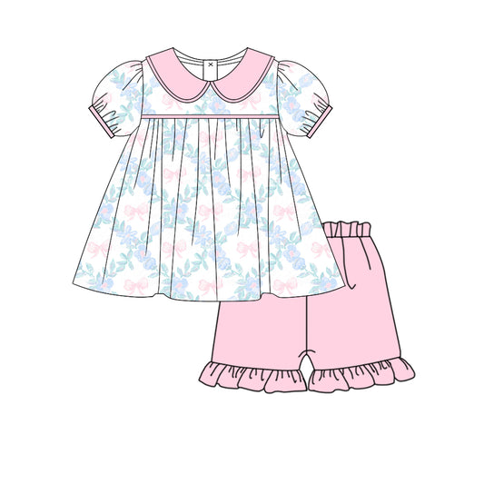 presale GSSO1704  Flower, Leaf, Pink Bowknot Patterned  Short Sleeve Shorts Set  2024 12.3