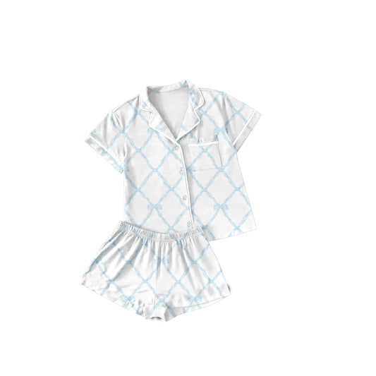 presale GSSO1709 Adult women blue bow pattern white short-sleeved shorts pajama set 2024 12.3