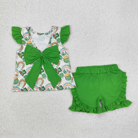 GSSO1713 Four-leaf clover gold coin rainbow hat green bow flying sleeve shorts suit