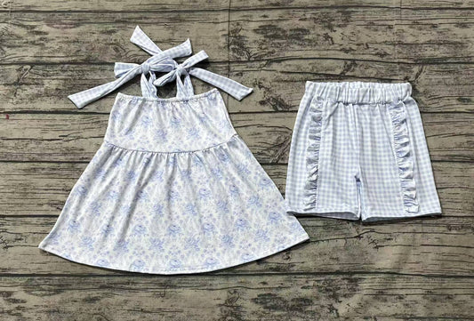preorder GSSO1716   Floral Blue Plaid Overall Shorts Set 2024 12.9