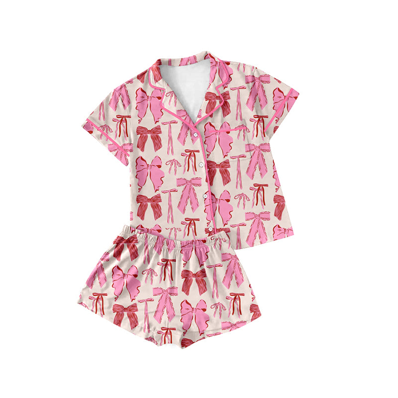 GSSO1717 Adult Women Pink Bow Pattern Short Sleeve Shorts Pajama Set