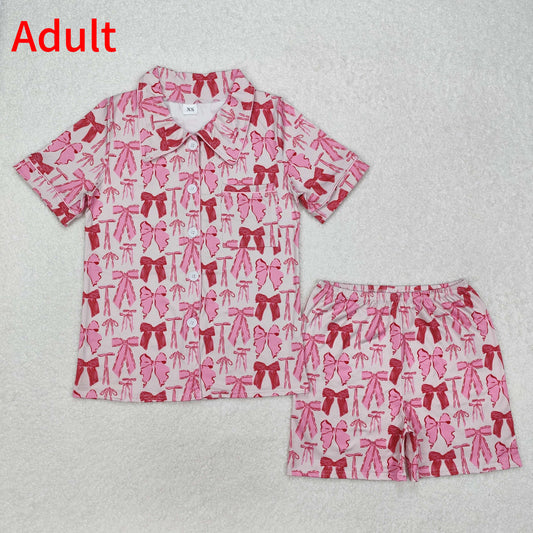 GSSO1717 Adult Women Pink Bow Pattern Short Sleeve Shorts Pajama Set