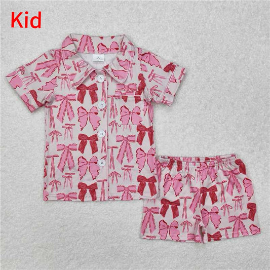 GSSO1718 Baby Girls Pink Bows Pocket Lapel Buttons Shirt Shorts Pajamas Sets