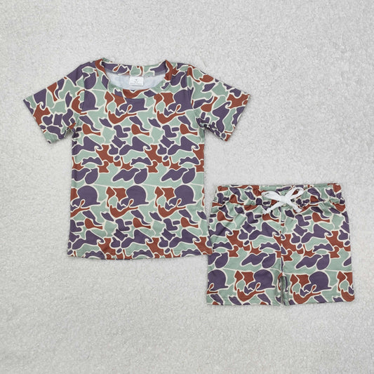 GSSO1723  Brown, green and grey camouflage short-sleeved shorts suit