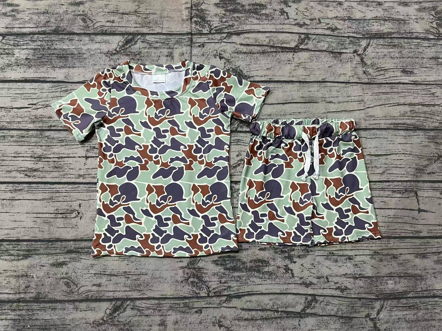 GSSO1723  Brown, green and grey camouflage short-sleeved shorts suit