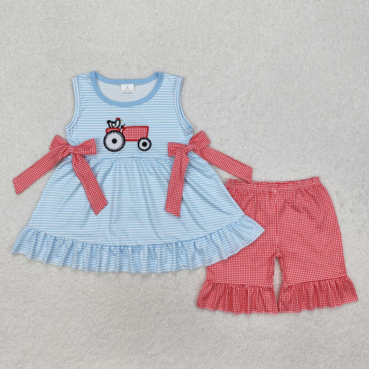 GSSO1728 Chicken Tractor Red Plaid Bow Blue Striped Sleeveless Shorts Set D 4.10