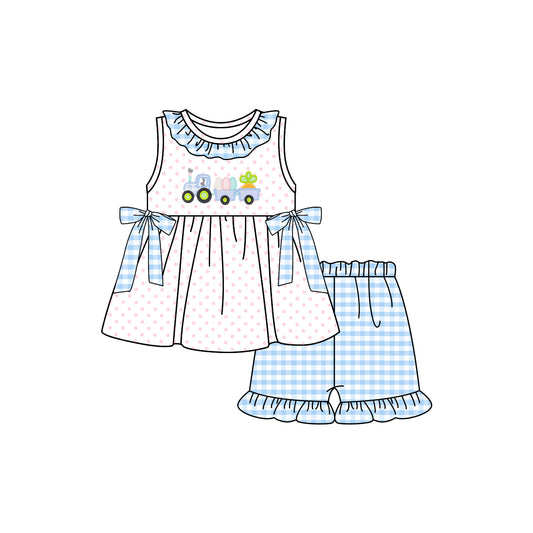 presale GSSO1729   Easter Egg Carrot Tractor Blue Plaid Bow White Set  2024 12.6