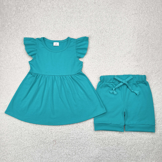 GSSO1731 Baby Girls Solid blue flying sleeve shorts suit  D 4.10