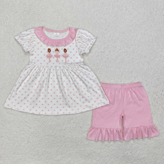 GSSO1732 Ballet pink lace polka dot white shorts set