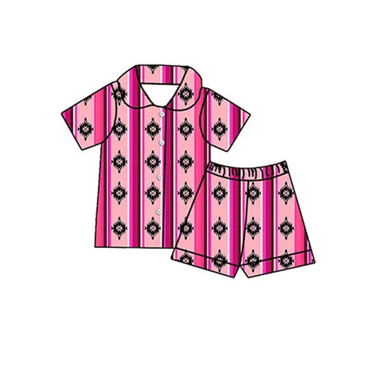 preorder GSSO1746  Geometric striped rose red short-sleeved shorts pajama set  2024 12.10