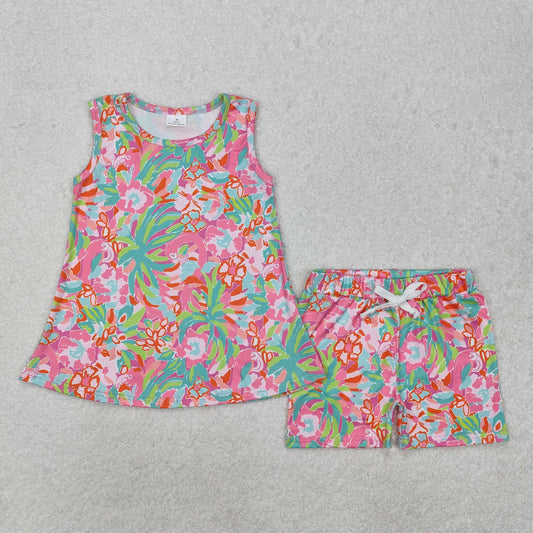 GSSO1749   Seagrass pink green sleeveless shorts set