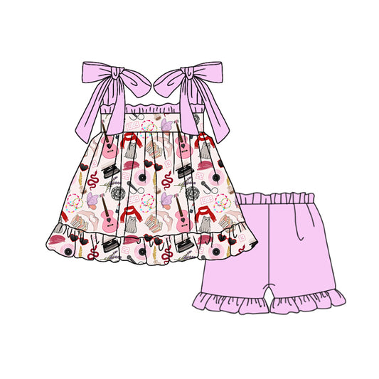 preorder GSSO1753 Guitar Scarf Pattern Purple Lace Suspender Shorts Set   2024 12.10