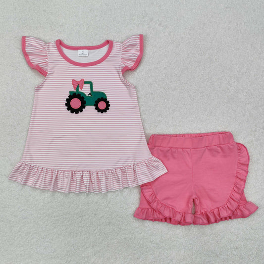 GSSO1757 Farm Tractor Pink Striped Fly Sleeve Shorts Set D 4.7