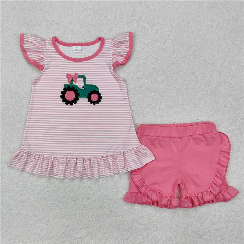 Match Embroidery Boys Baby Girls Pink Truck Bow Tunic Shorts Clothes Sets D 4.9