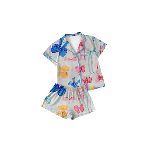 CUSTOM White short-sleeved shorts pajama set with a baby blue bow pattern D 5.20