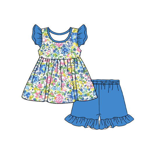 Custom Flower and Leaf Blue Fly Sleeve Shorts Set D 5.20