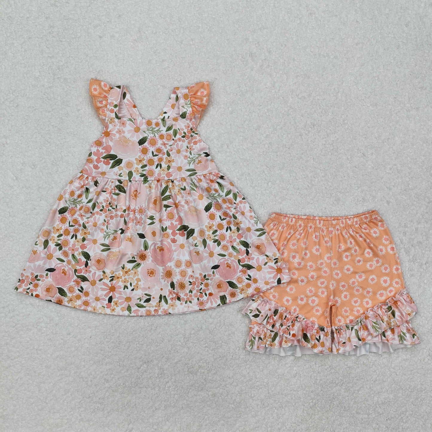 GSSO1763 Flower and Leaf Pink and Orange Fly Sleeve Shorts Set