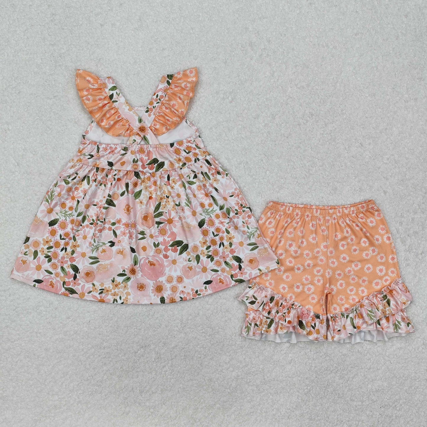 GSSO1763 Flower and Leaf Pink and Orange Fly Sleeve Shorts Set