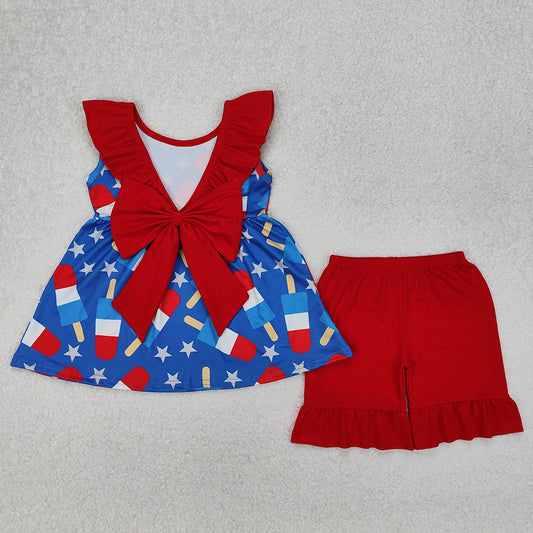 GSSO1765 National Day Star Popsicle Red Lace Blue Sleeveless Shorts Set D 3.13