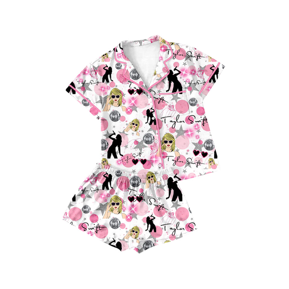 GSSO1772 Baby Girls Gray Star Pink and White Short Sleeve Shorts Pajama Set D 3.21