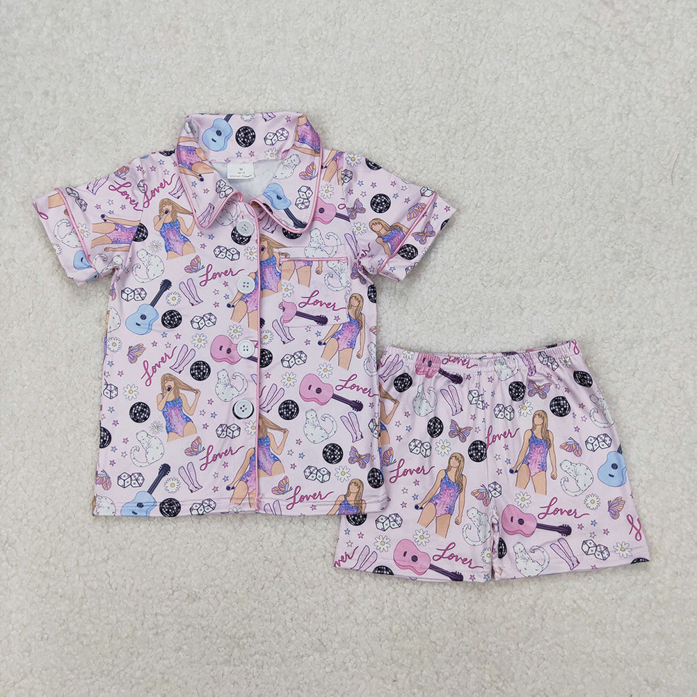 GSSO1773  Guitar boots star pink purple short-sleeved shorts pajama set  D 3.15