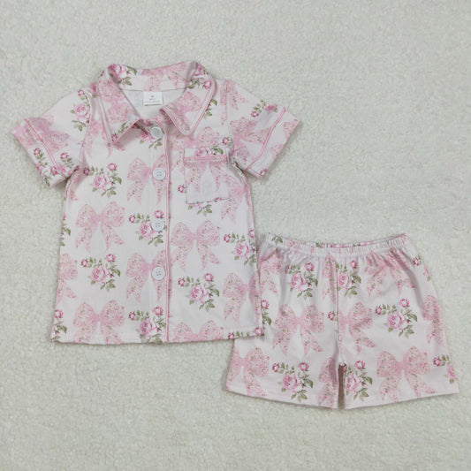 GSSO1780 Pink short-sleeved shorts pajama set with floral flower, leaf and bow pattern