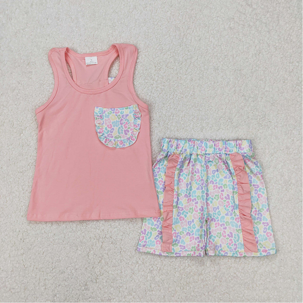 GSSO1783  Baby Girls Pink Pocket Bow Vest Ruffle Leopard Shorts Clothes Sets  D 3.19