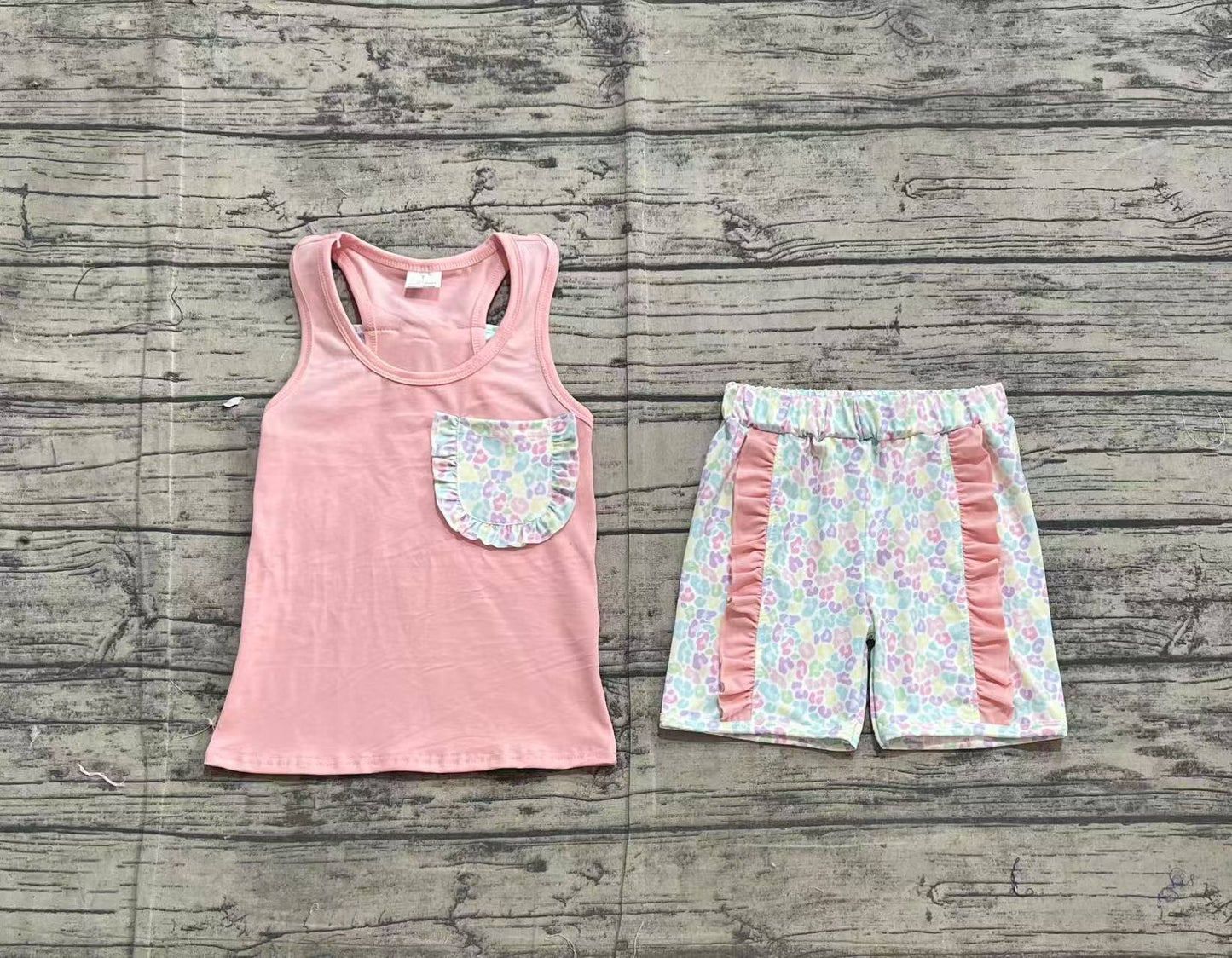 GSSO1783  Baby Girls Pink Pocket Bow Vest Ruffle Leopard Shorts Clothes Sets  D 3.19