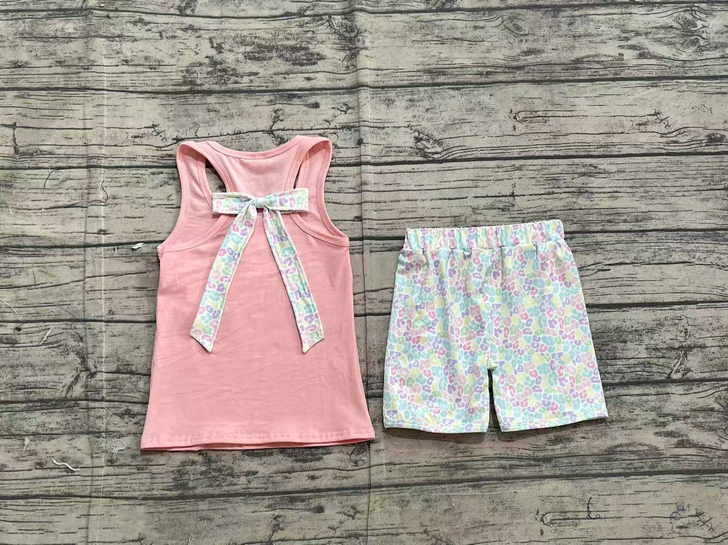 GSSO1783  Baby Girls Pink Pocket Bow Vest Ruffle Leopard Shorts Clothes Sets  D 3.19