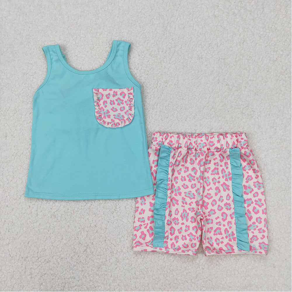 GSSO1784 Baby Girls Pink Leopard Print Bow Teal Vest Shorts Set  D 3.18