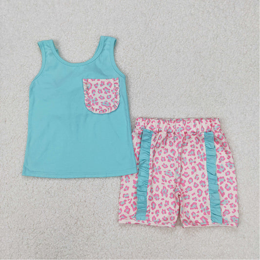 GSSO1784 Baby Girls Pink Leopard Print Bow Teal Vest Shorts Set D 3.18